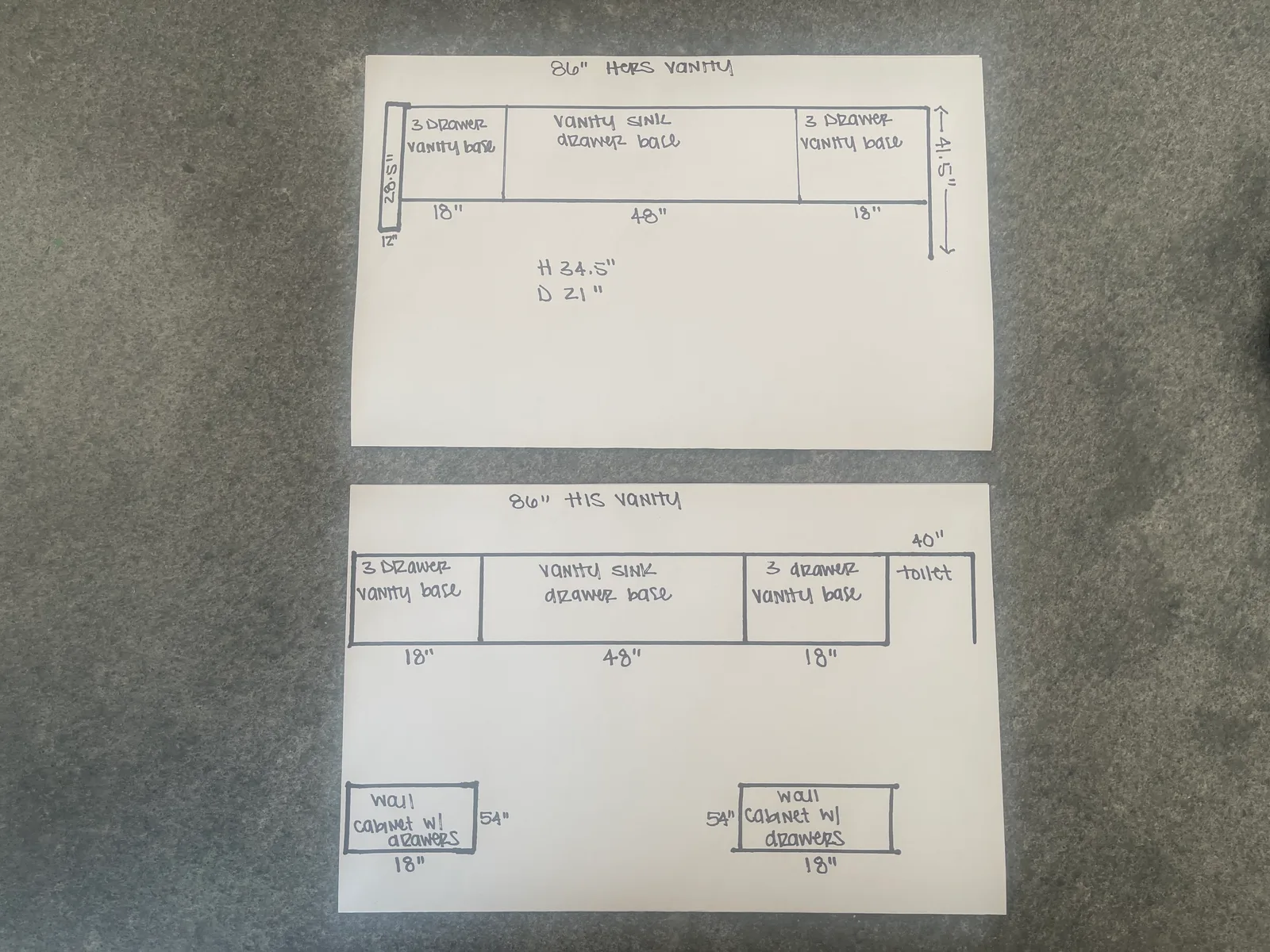 Hand-drawn elevations for the his and hers 86 inch vanities with drawer bases and wall cabinets