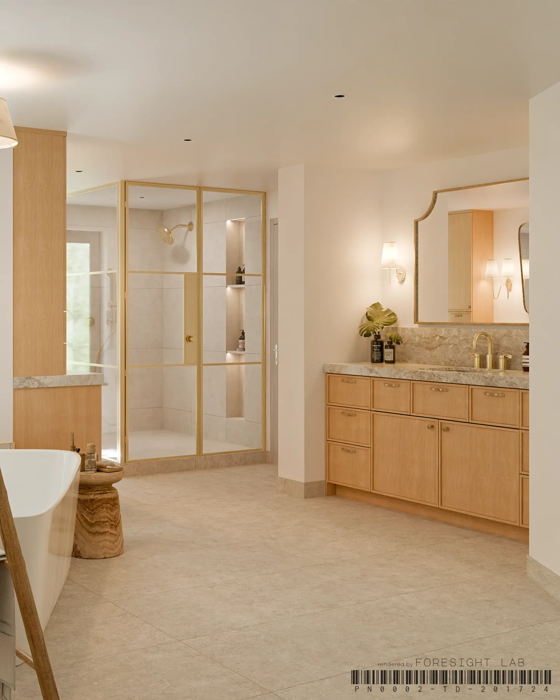Master bathroom with a brass-framed walk-in shower, freestanding tub and white oak double vanity — 3D rendering