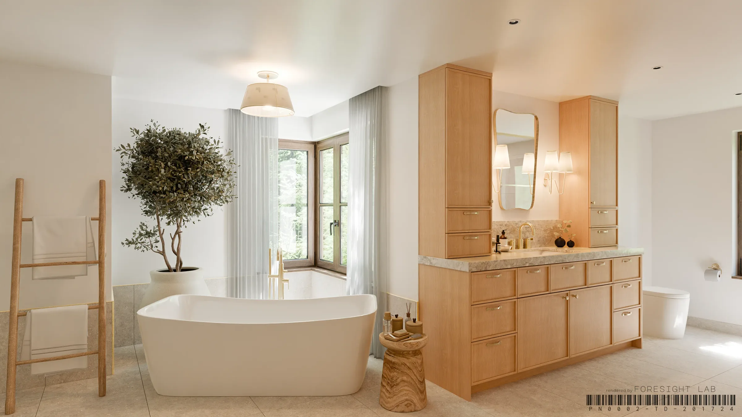 White oak cabinetry and tall storage in a master bathroom with a freestanding tub — 3D rendering