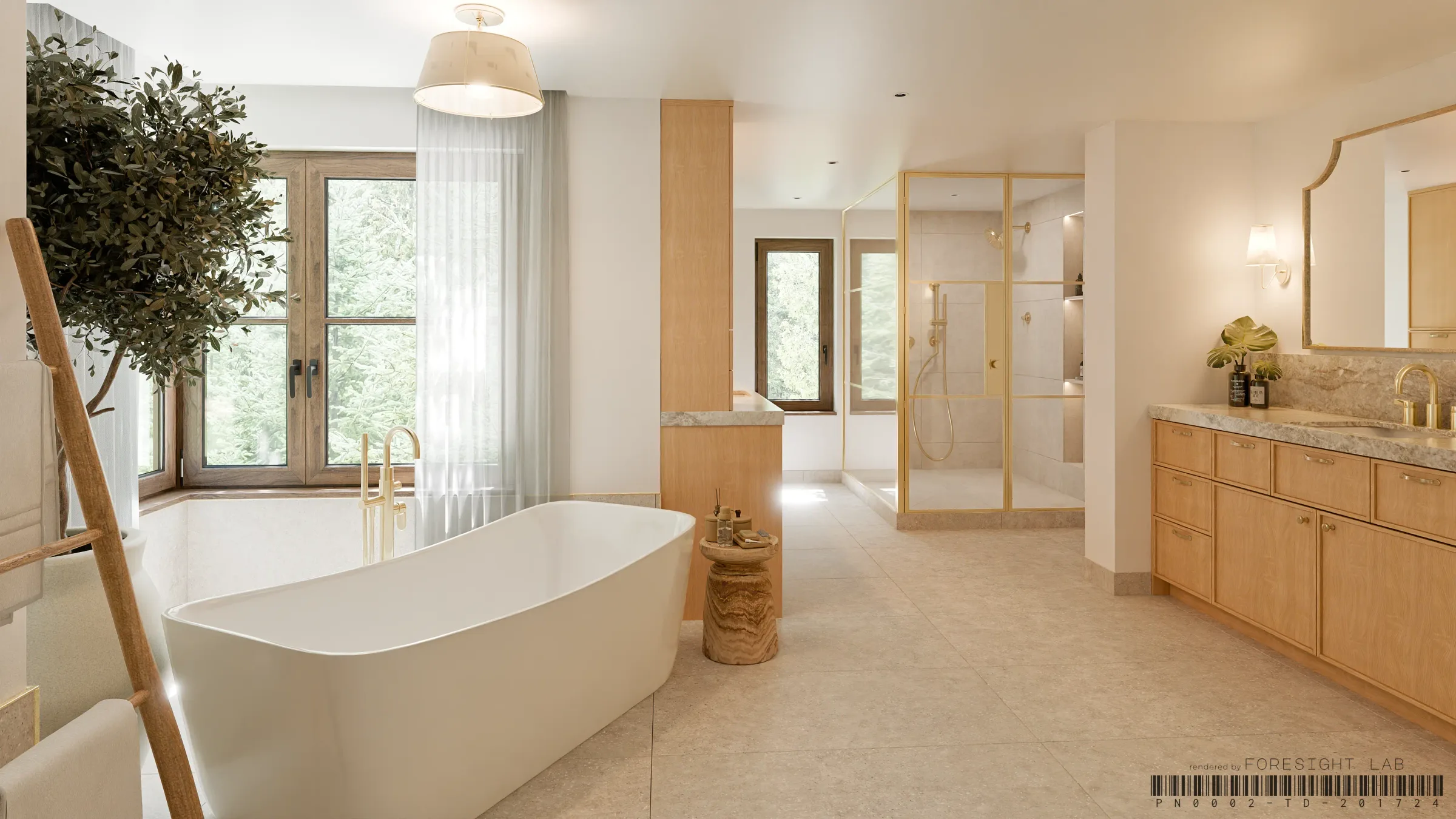 Wide view of a master bathroom showing the tub, walk-in shower and double vanity — 3D rendering