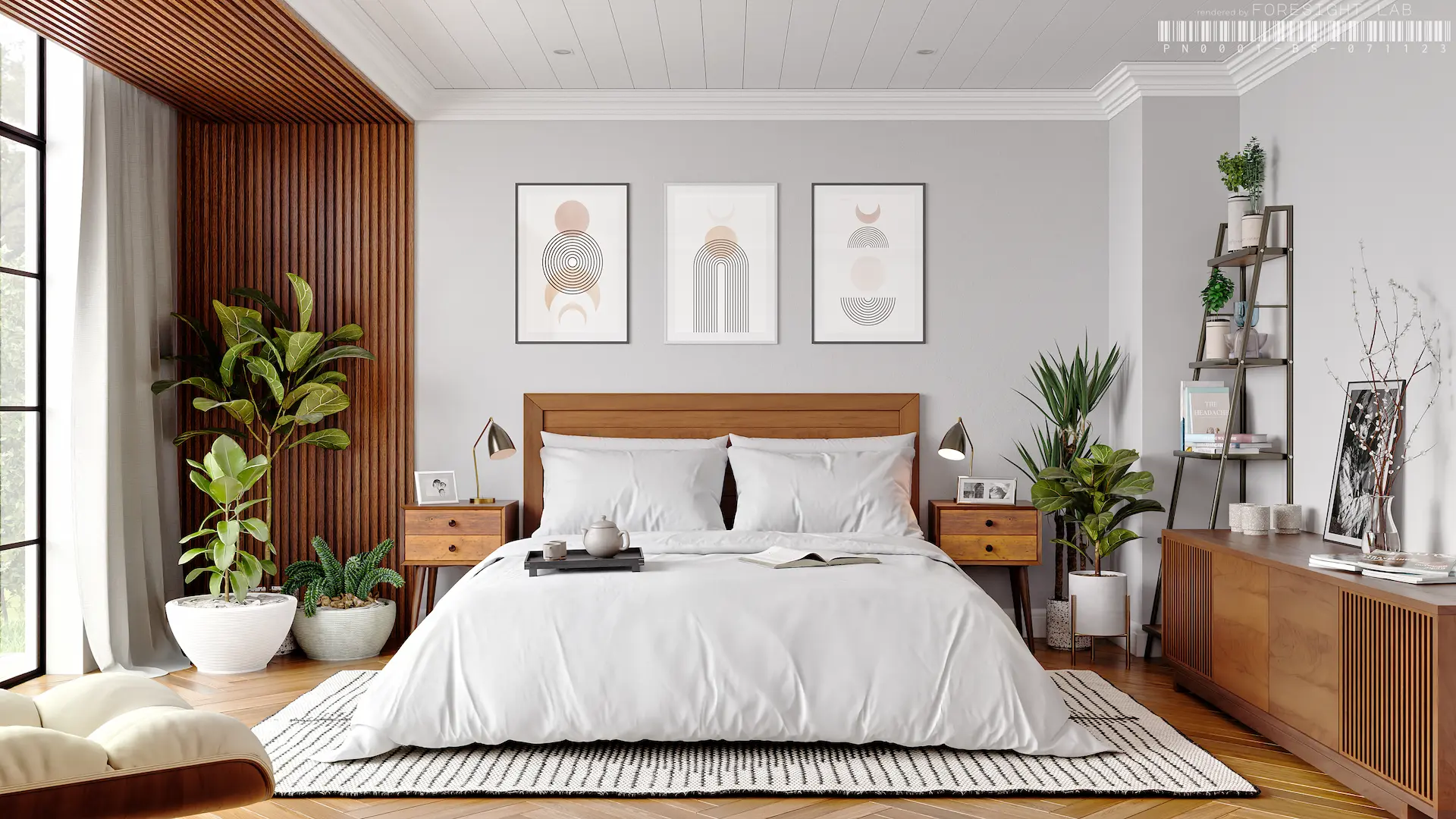 Mid-Century bedroom interior styled with white bed linen — product CGI