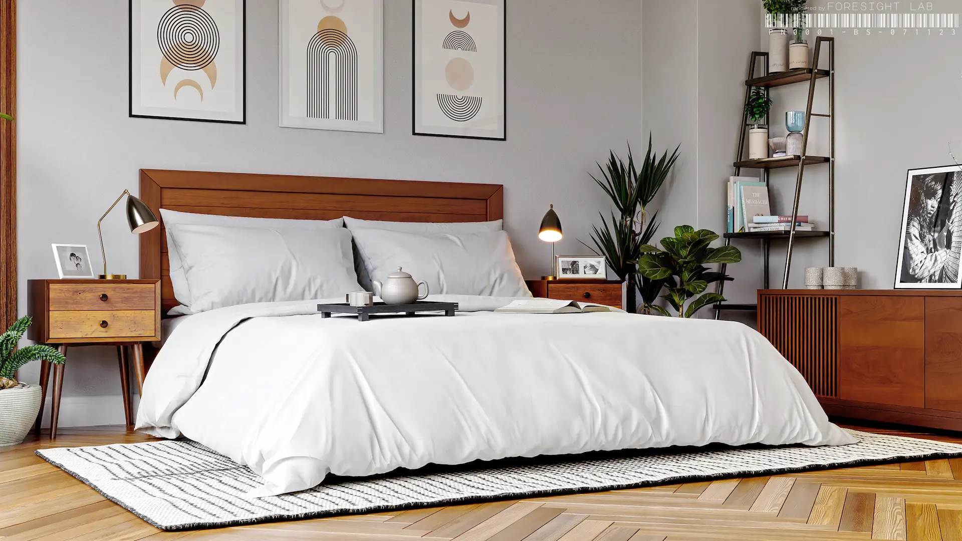 Mid-Century modern bedroom with white bed linen, gallery wall and herringbone floor — 3D rendering