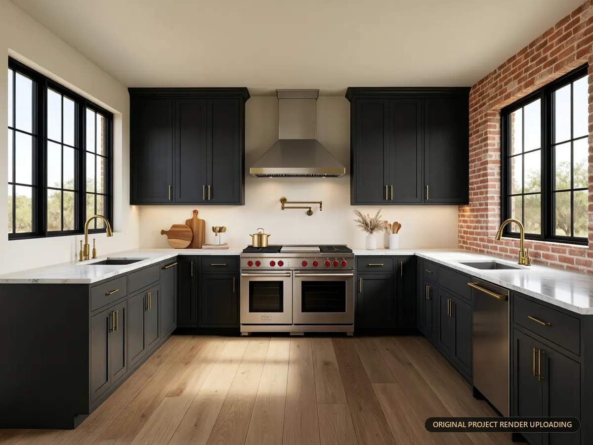 Modern shaker kitchen with integrated double ovens and custom range hood detailing — 3D rendering