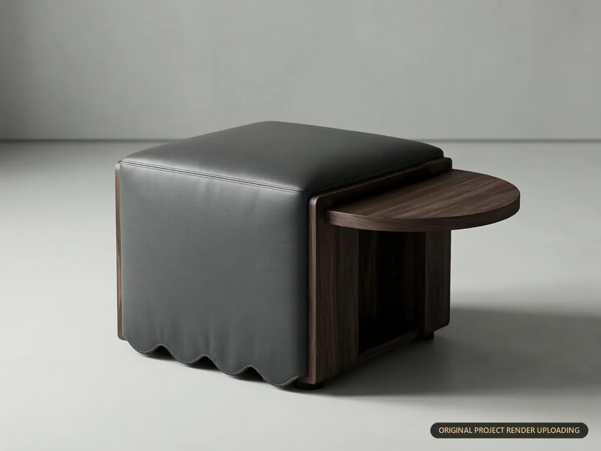 Modular storage stool in charcoal leather with dark walnut frame, high-contrast luxury variant — product 3D rendering
