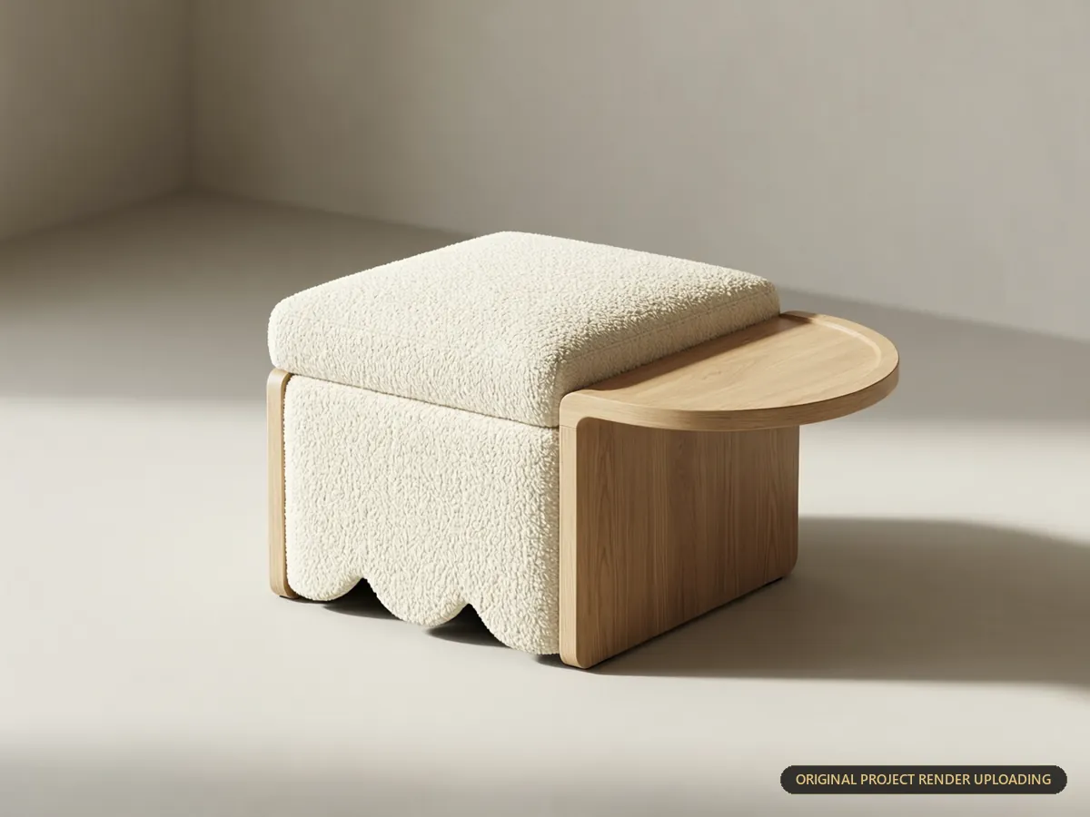 Modular storage stool in cream bouclé with natural ash frame, soft-edge textured seating — product 3D rendering