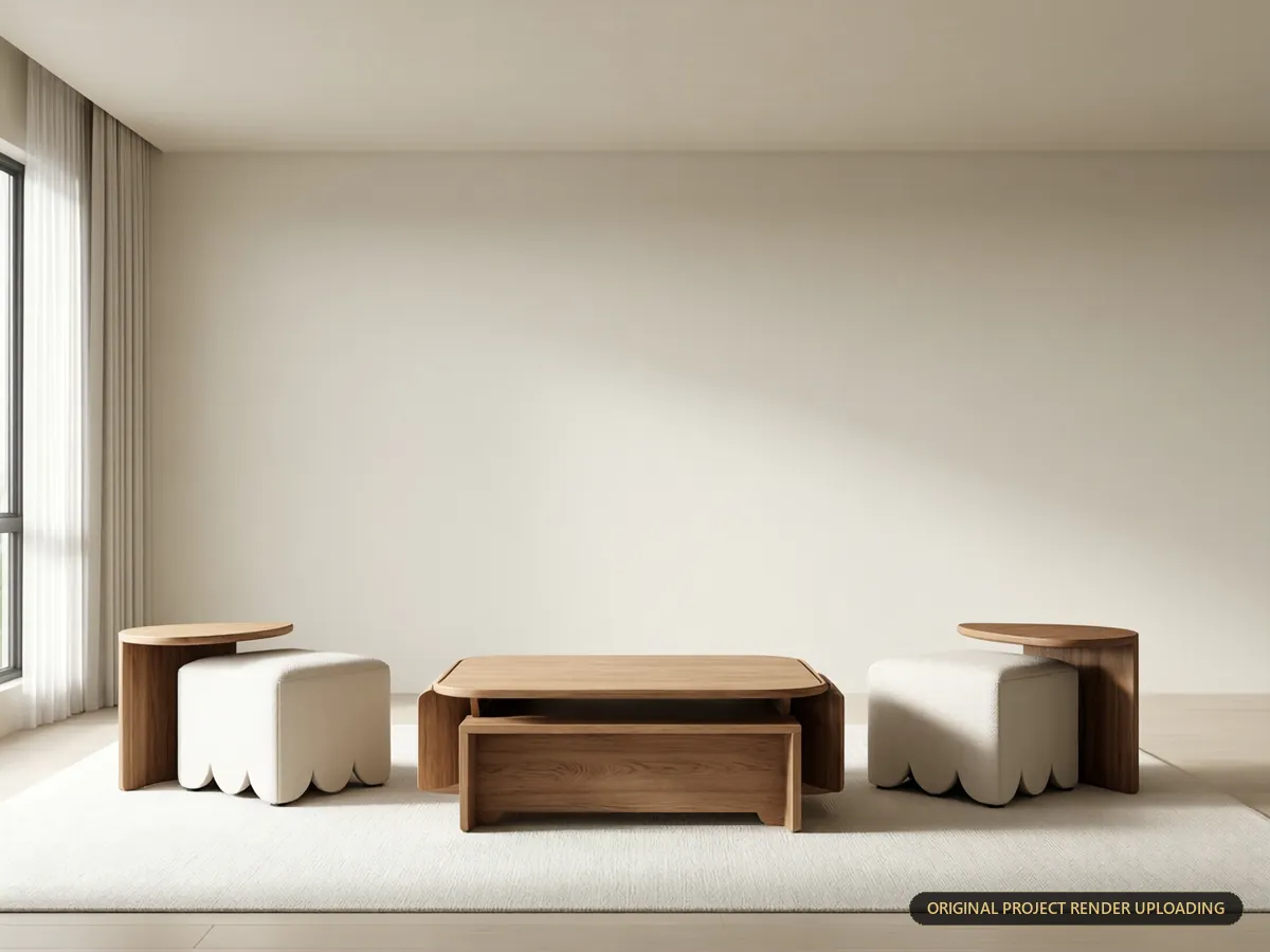 Modular storage stool assembled in a bright Dallas family living room, working as footrest and coffee table — lifestyle 3D rendering