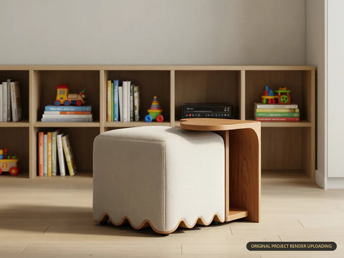 Low open storage cubbies holding books, toys and media in an active family living space — lifestyle 3D rendering