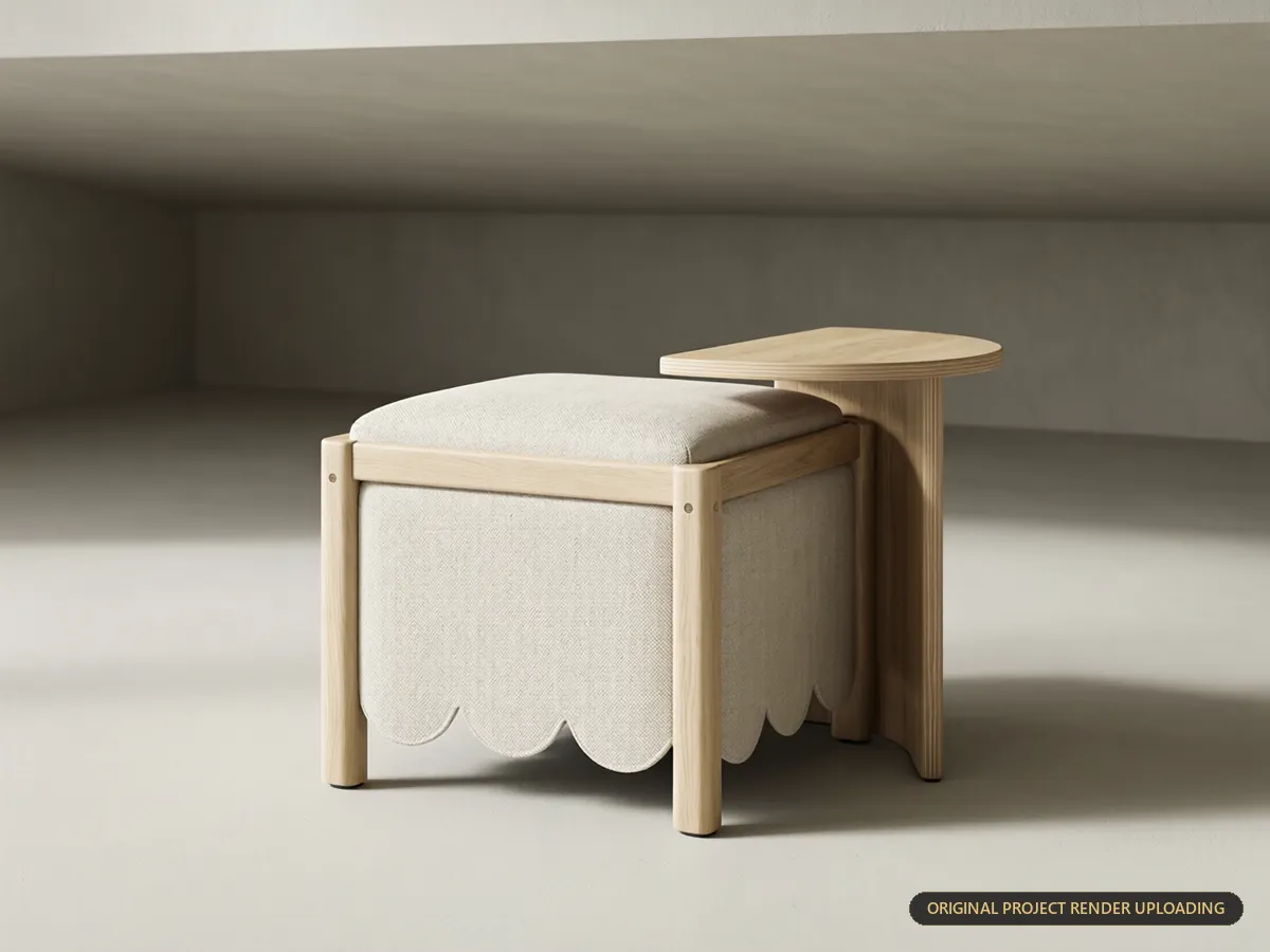 Modular storage stool in natural linen with muted blonde wood frame, Scandinavian palette — product 3D rendering