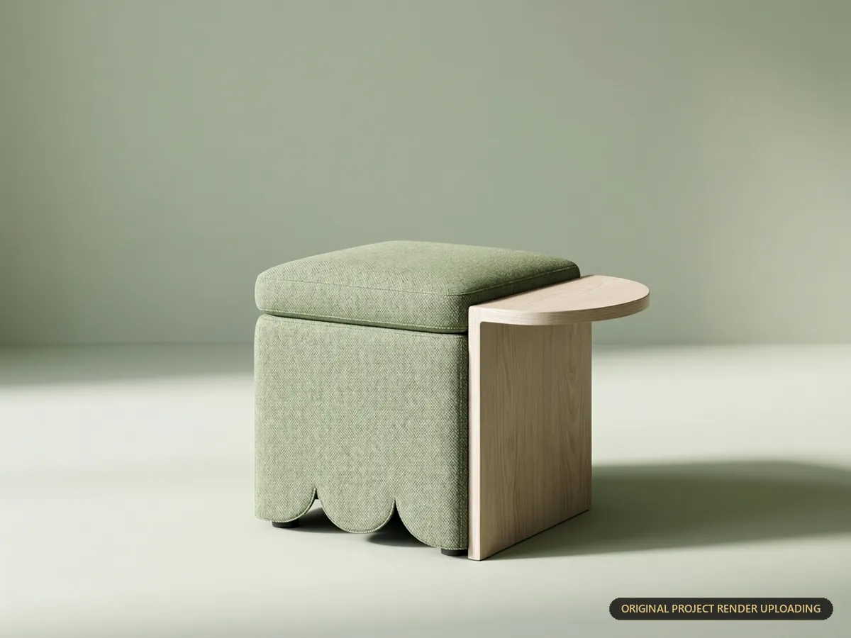 Modular storage stool in sage green tweed with whitewashed oak, organic transitional palette — product 3D rendering