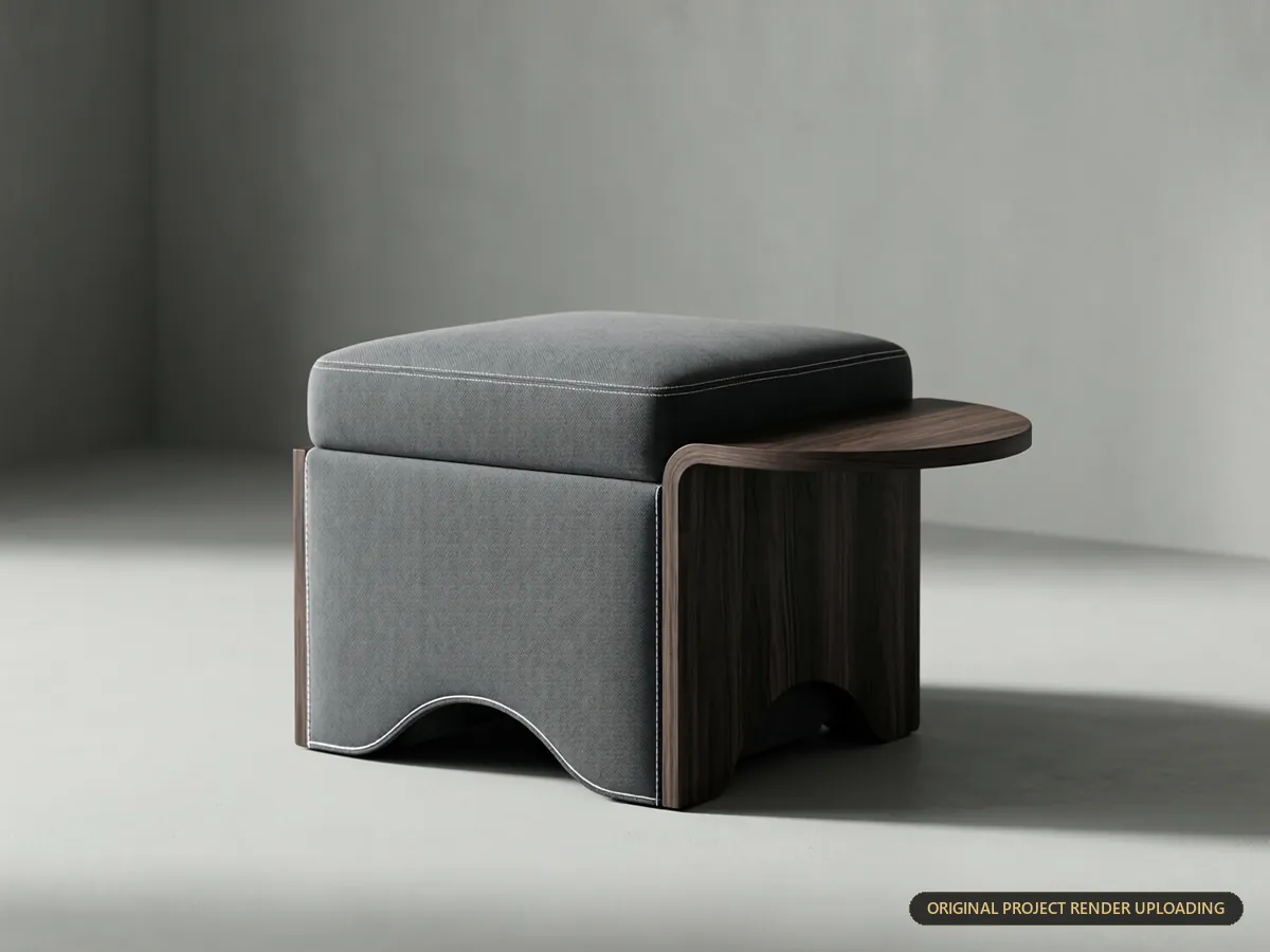 Modular storage stool in monochromatic slate with ebony wood and crisp piping detail — product 3D rendering