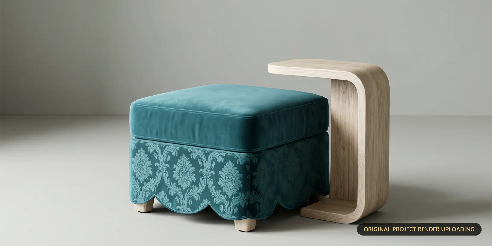 Modular storage stool in teal velvet with bleached oak frame, C-table detached — product 3D render