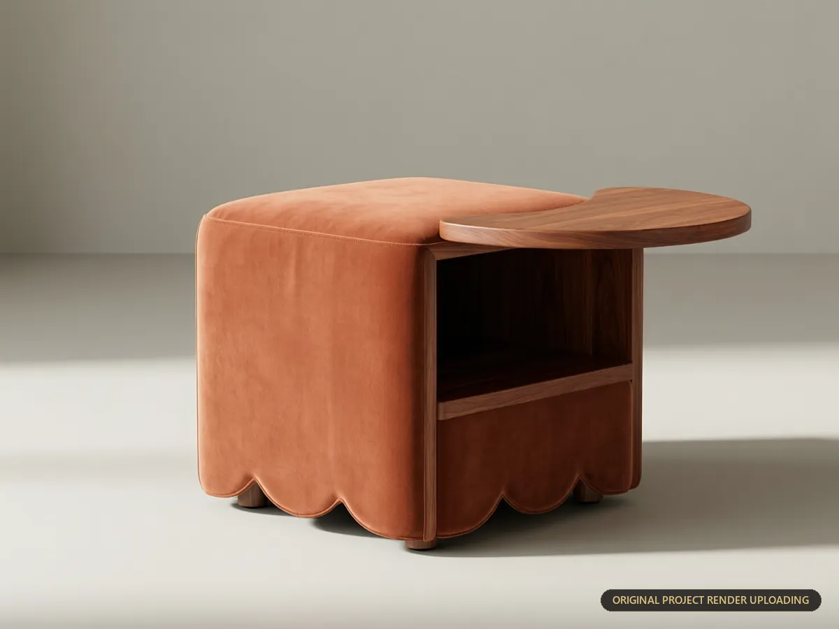 Modular storage stool in terracotta velvet with warm cherry timber, earthy colourway — product 3D rendering