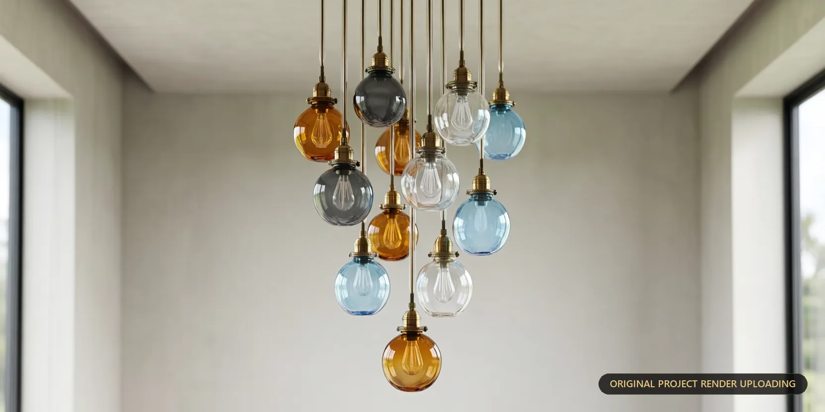 Hand-blown glass pendant cluster filling a double-height residential atrium — 3D render