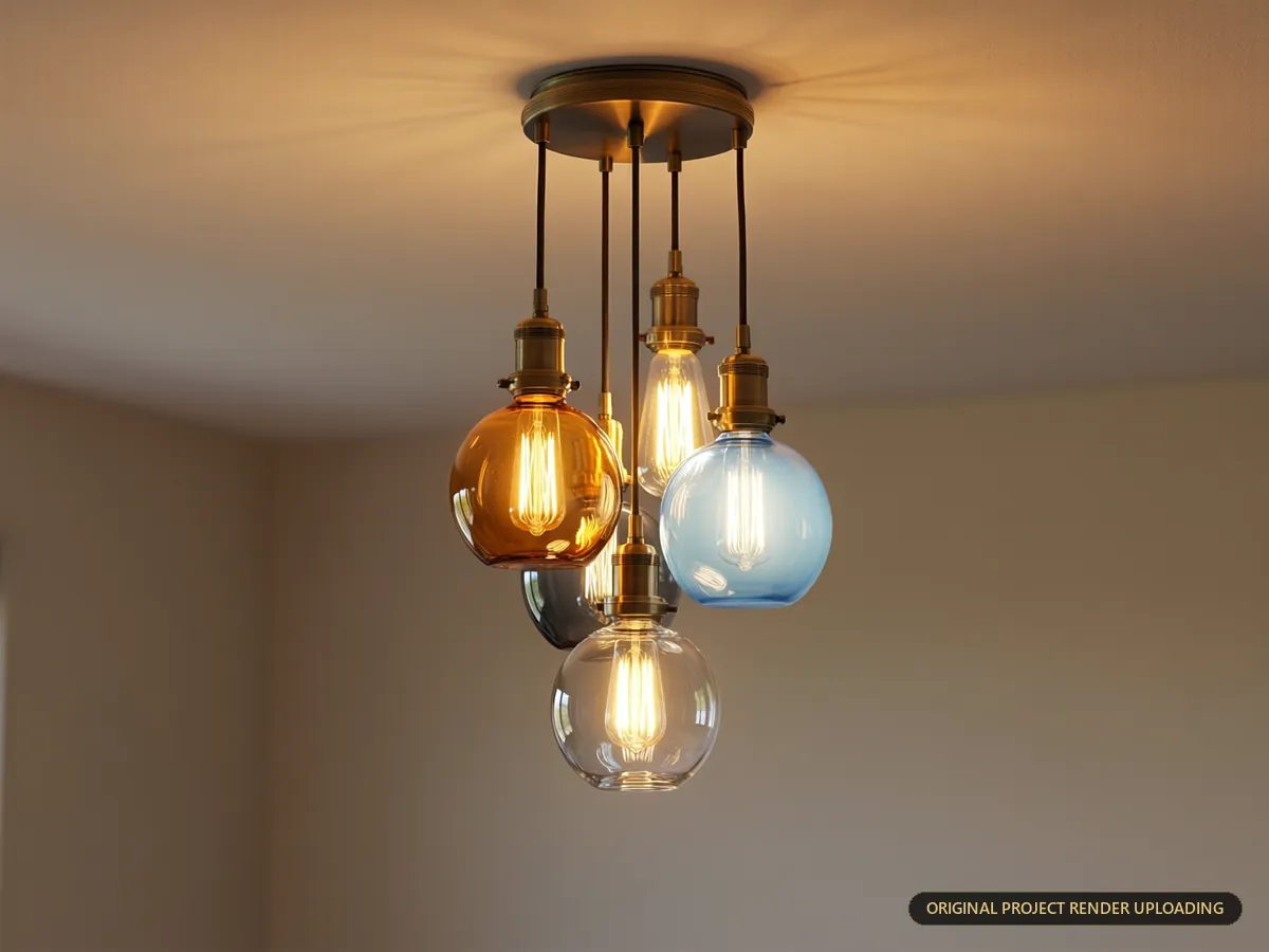 The same pendant cluster under warm evening filament light — 3D rendering