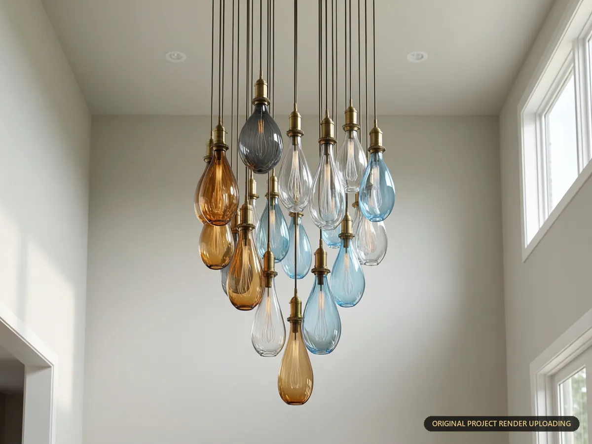 Mixed pendant array suspended over a double-height dining vault — 3D rendering