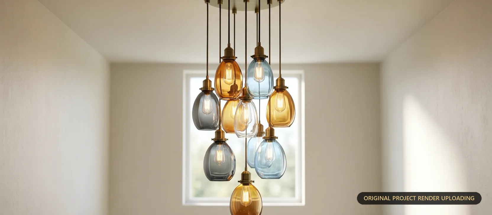 Multi-pendant cluster in a stairwell under soft natural daylight — 3D rendering