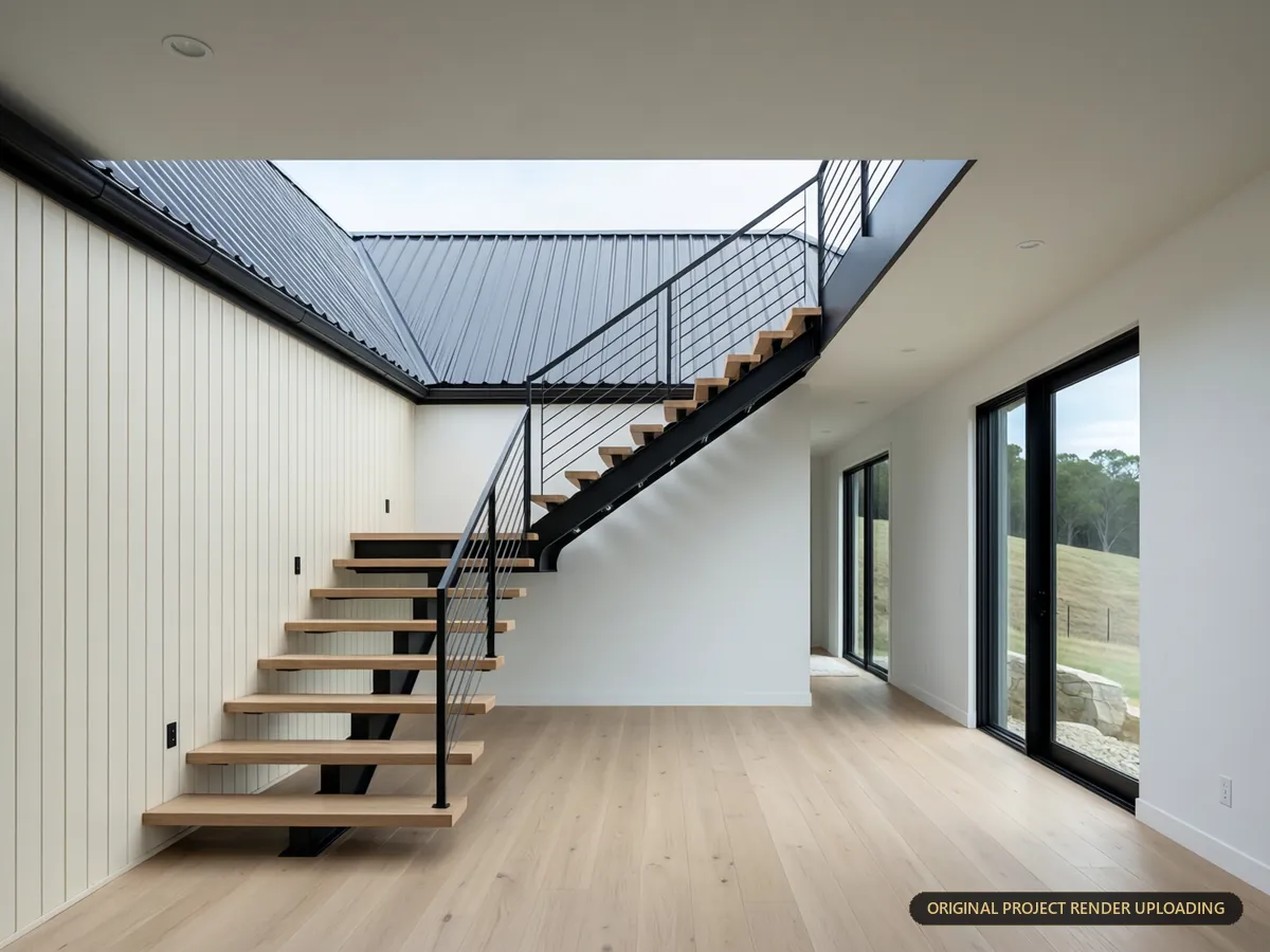 Steel-and-wood floating stair assembly rising to the loft landing and upper circulation — 3D rendering