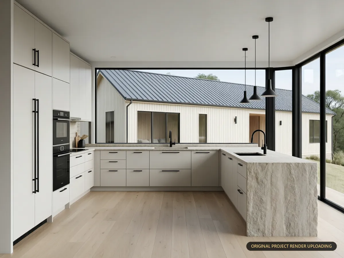 Minimalist kitchen with streamlined cabinetry, integrated appliances, stone countertops and pendant lighting — 3D rendering