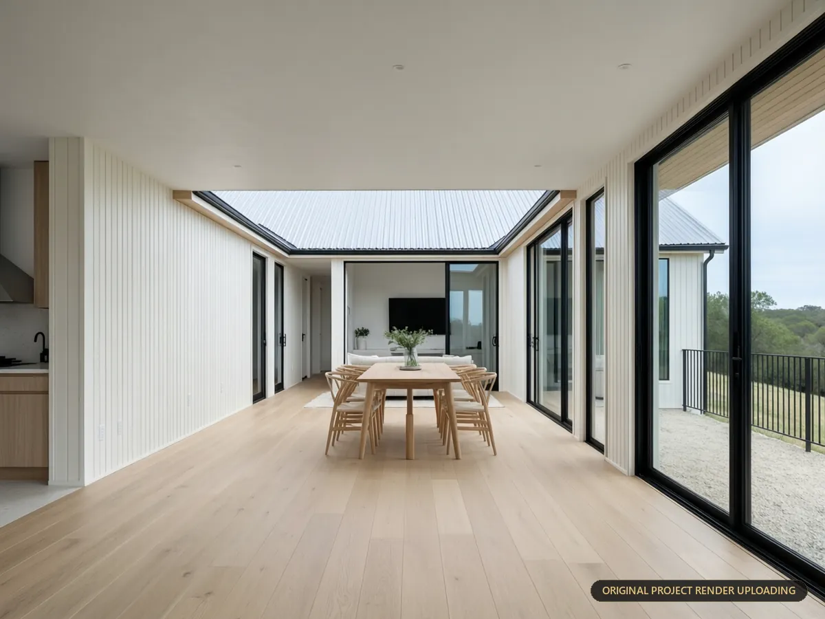Open-plan living and dining core with light oak floors, white walls and floor-to-ceiling glass doors — 3D rendering