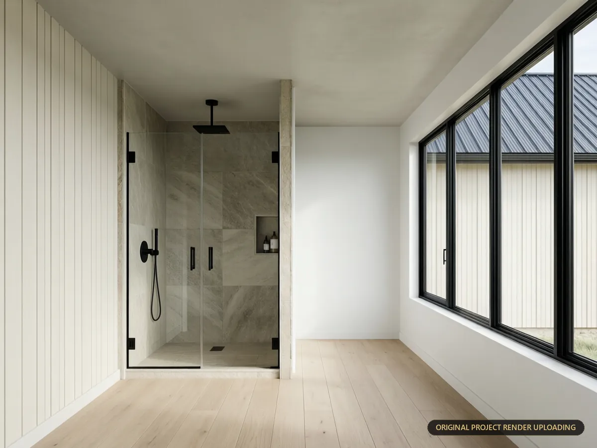 Spa-inspired primary bathroom with natural stone tiling, frameless glass shower and black hardware — 3D rendering