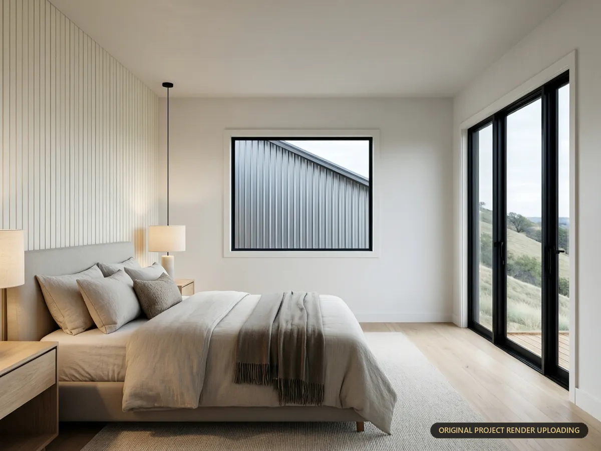 Primary bedroom suite with natural window placement, soft textile layers and warm lighting — 3D rendering