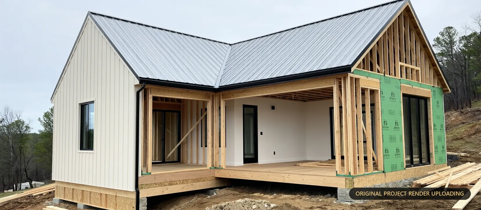 The residence during construction — raw timber framing, Zip System sheathing and the sloped hillside foundation, site photograph