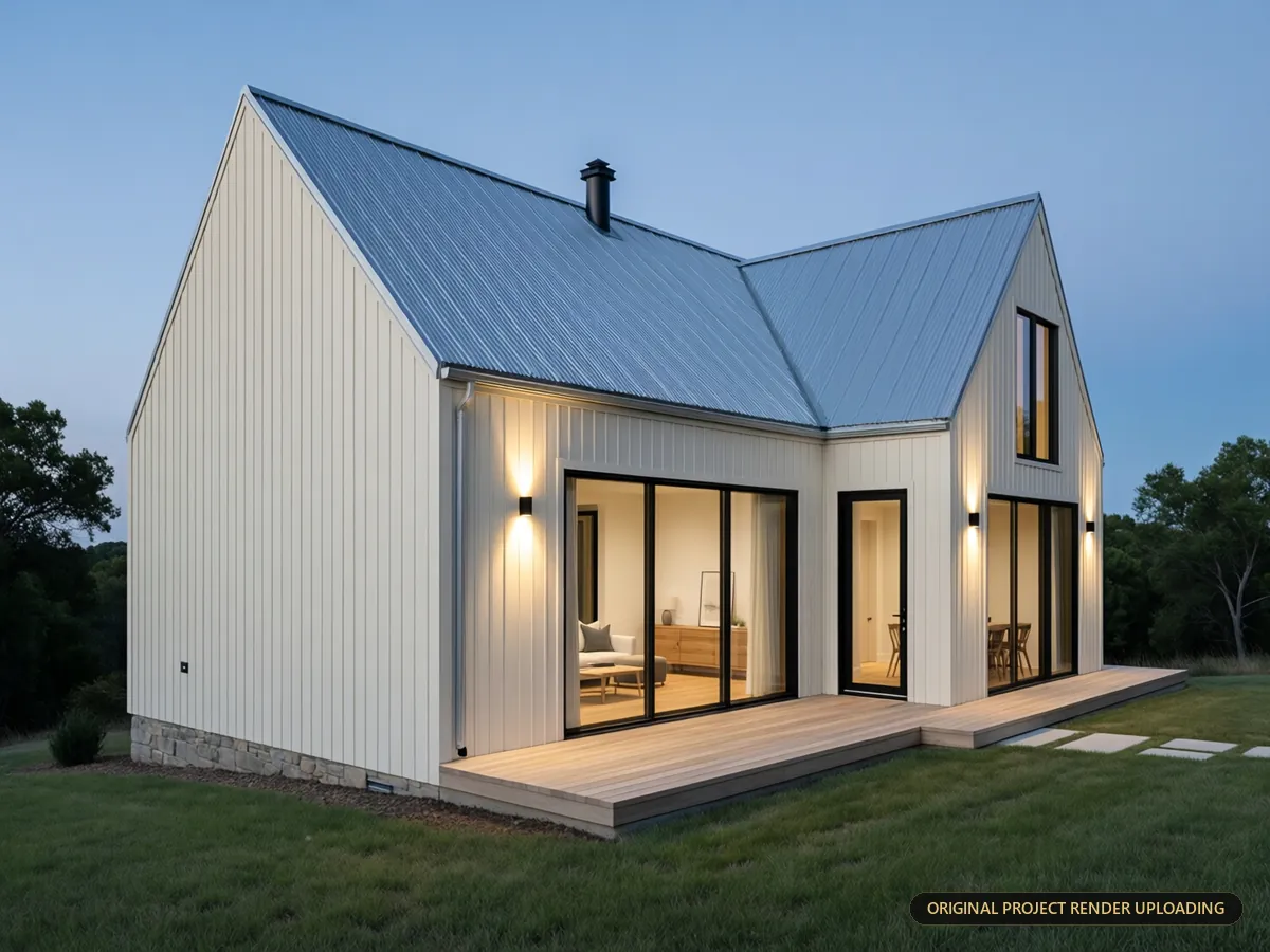 Dusk exterior showing integrated wall sconce glow against standing-seam metal roofing and off-white cladding — 3D rendering
