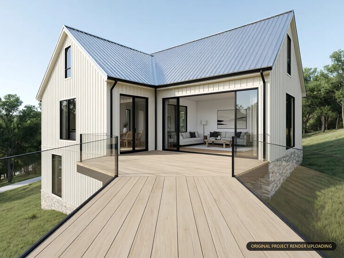 Rear deck and walkout patio connecting the lower-level living area to the sloping site — 3D rendering