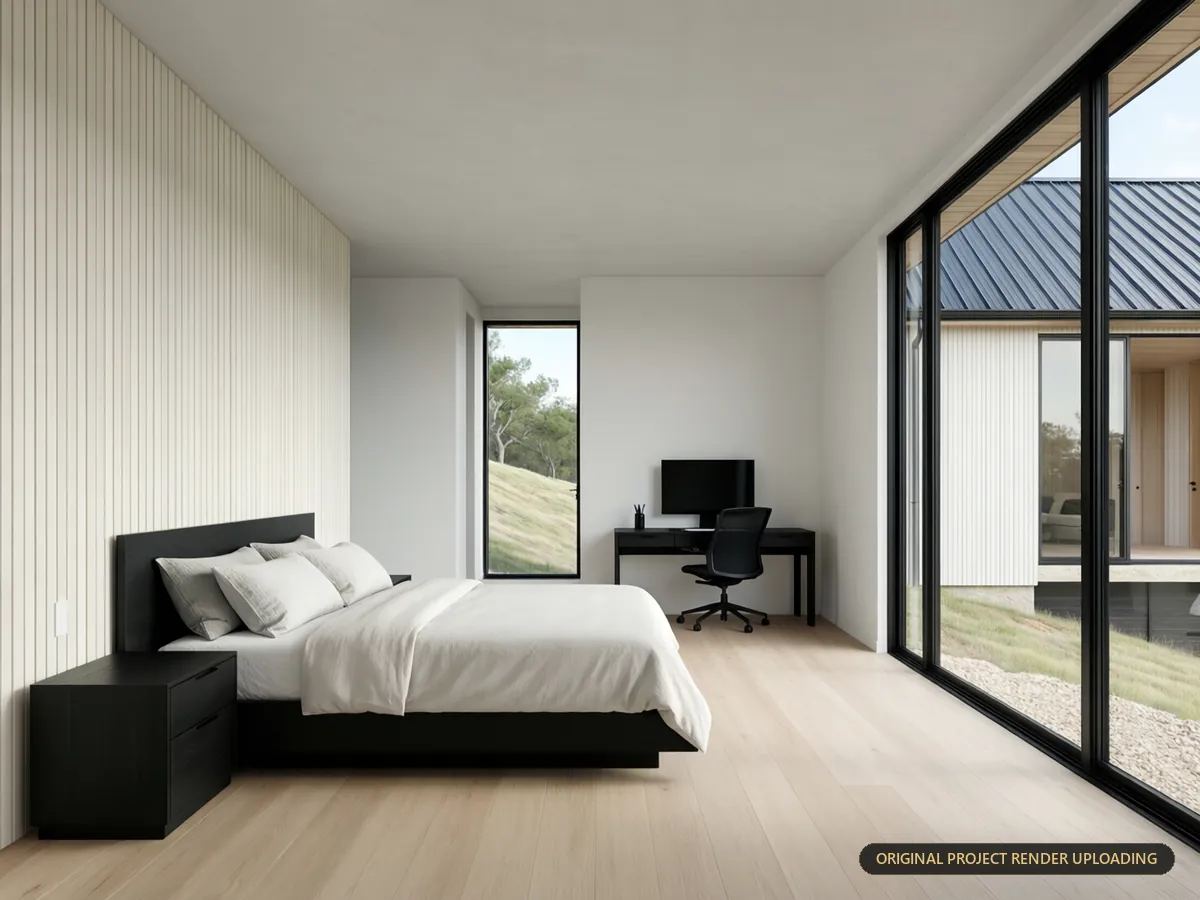 Flexible secondary bedroom and home office showing daylighting and spatial efficiency — 3D rendering