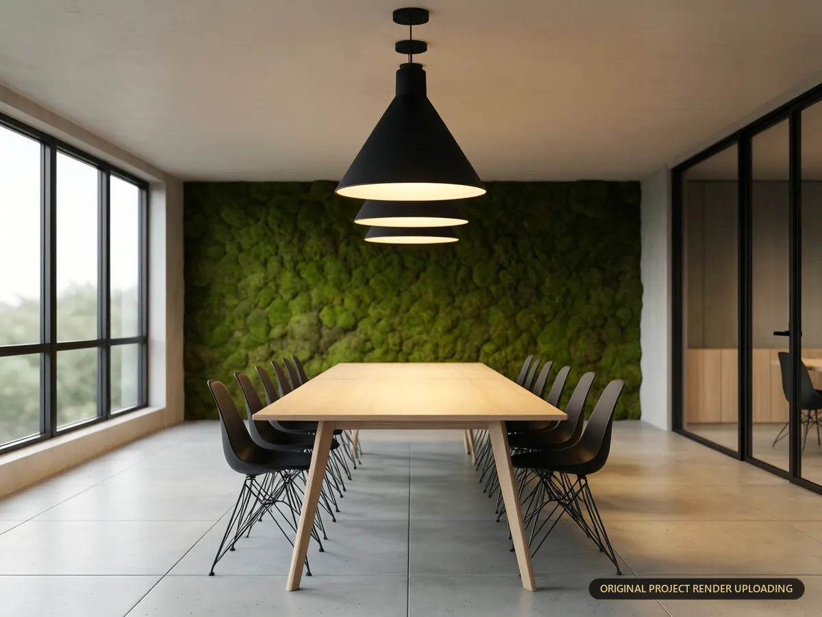 Warm ambient pendant lighting over a collaborative meeting table — 3D rendering