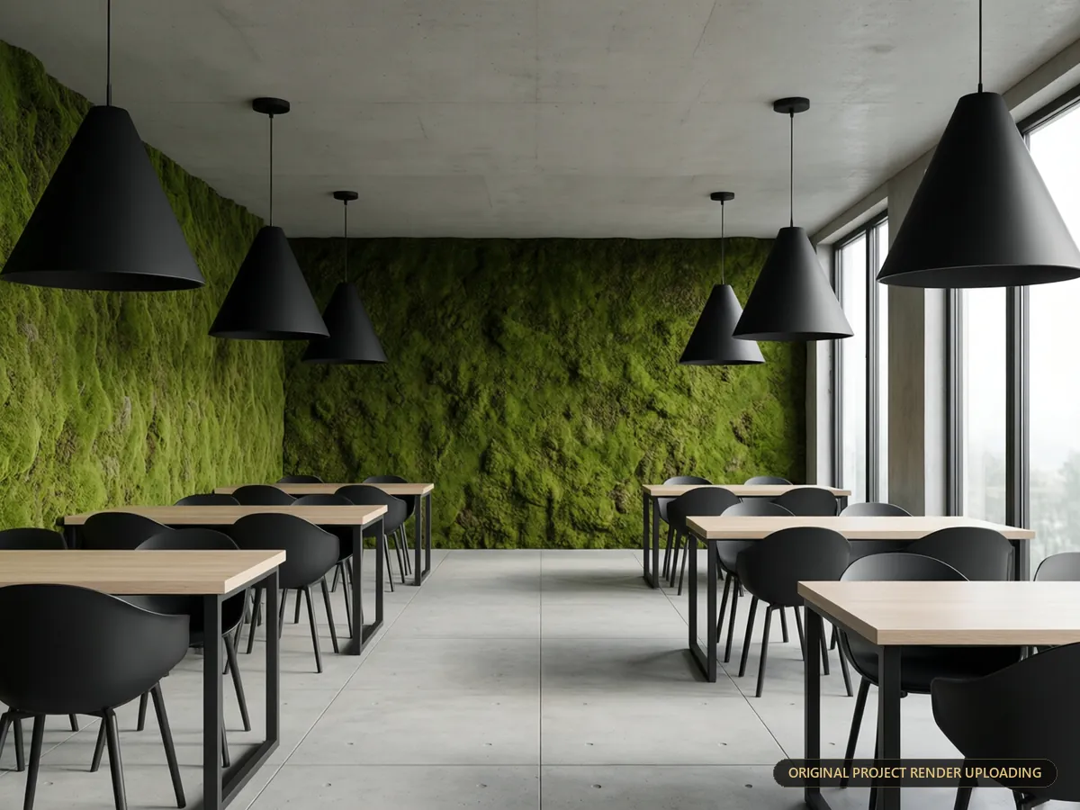 Matte black pendant against a green moss wall and concrete tile texture — 3D rendering