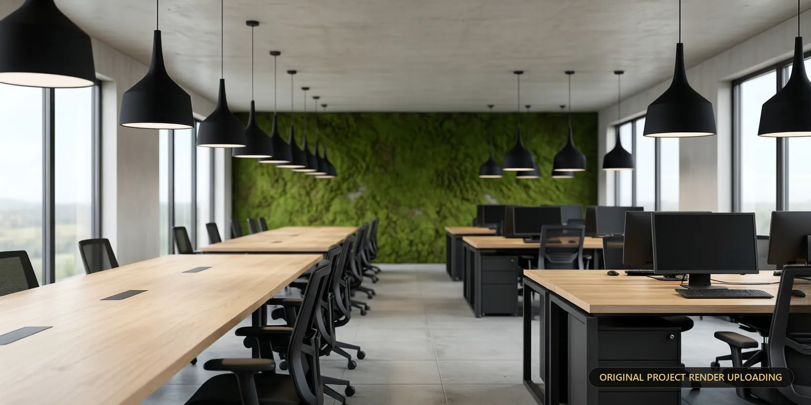 Matte black No Drama Obama pendants over office workstations — 3D render
