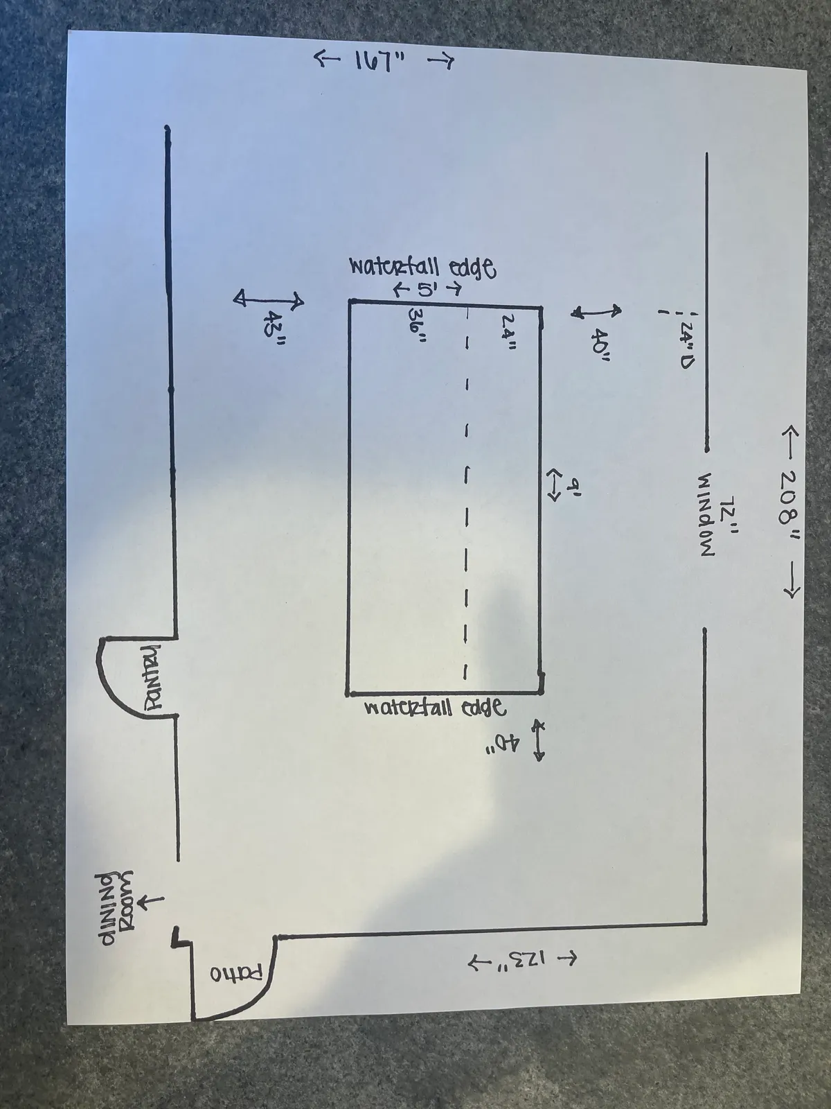 Hand-drawn kitchen floor plan with dimensions