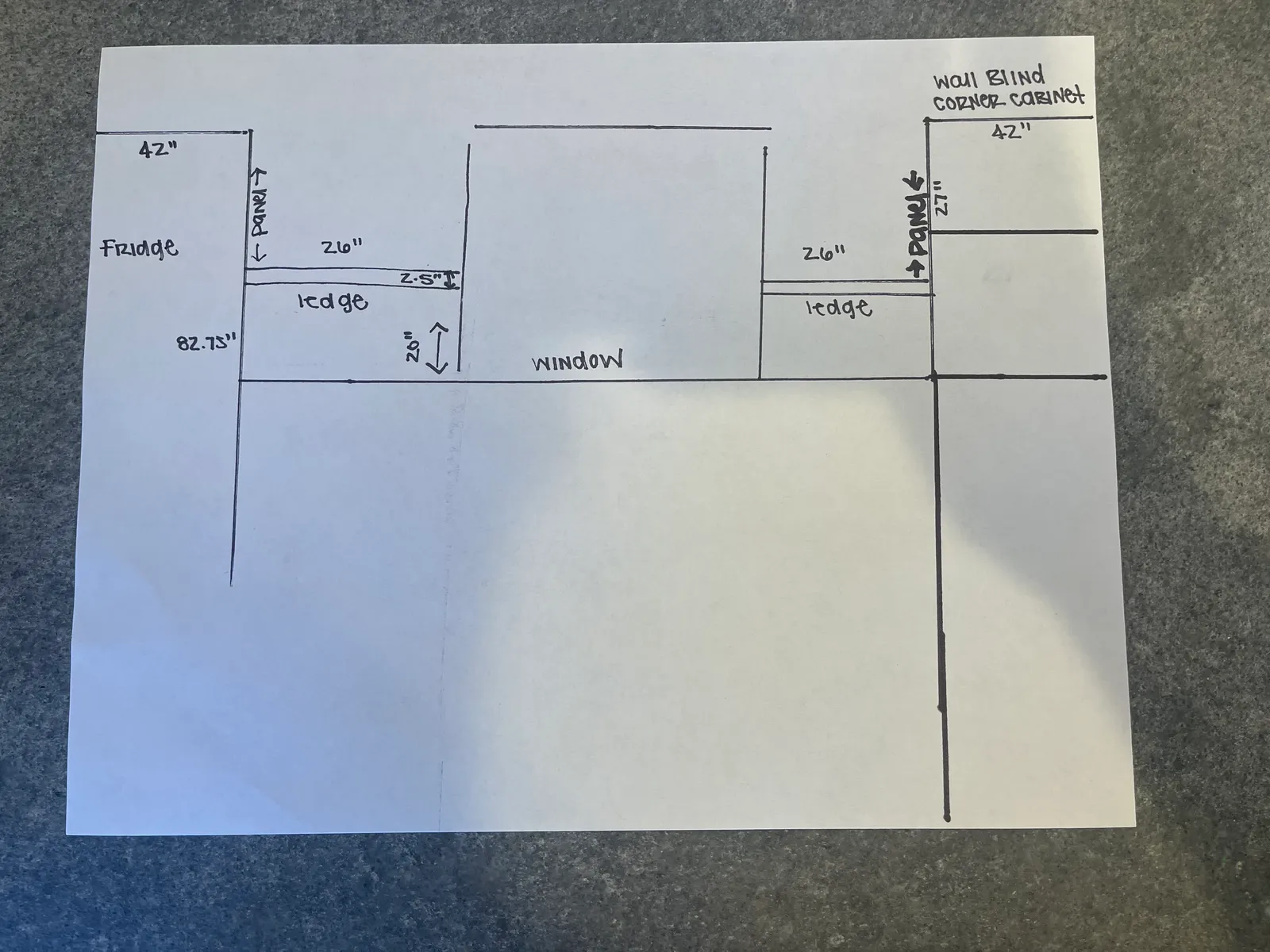 Hand-drawn fridge wall cabinetry elevation