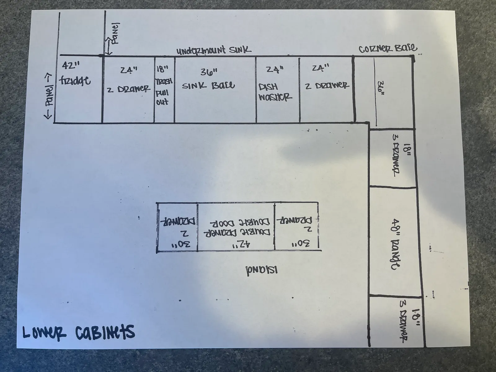 Hand-drawn lower cabinet layout plan
