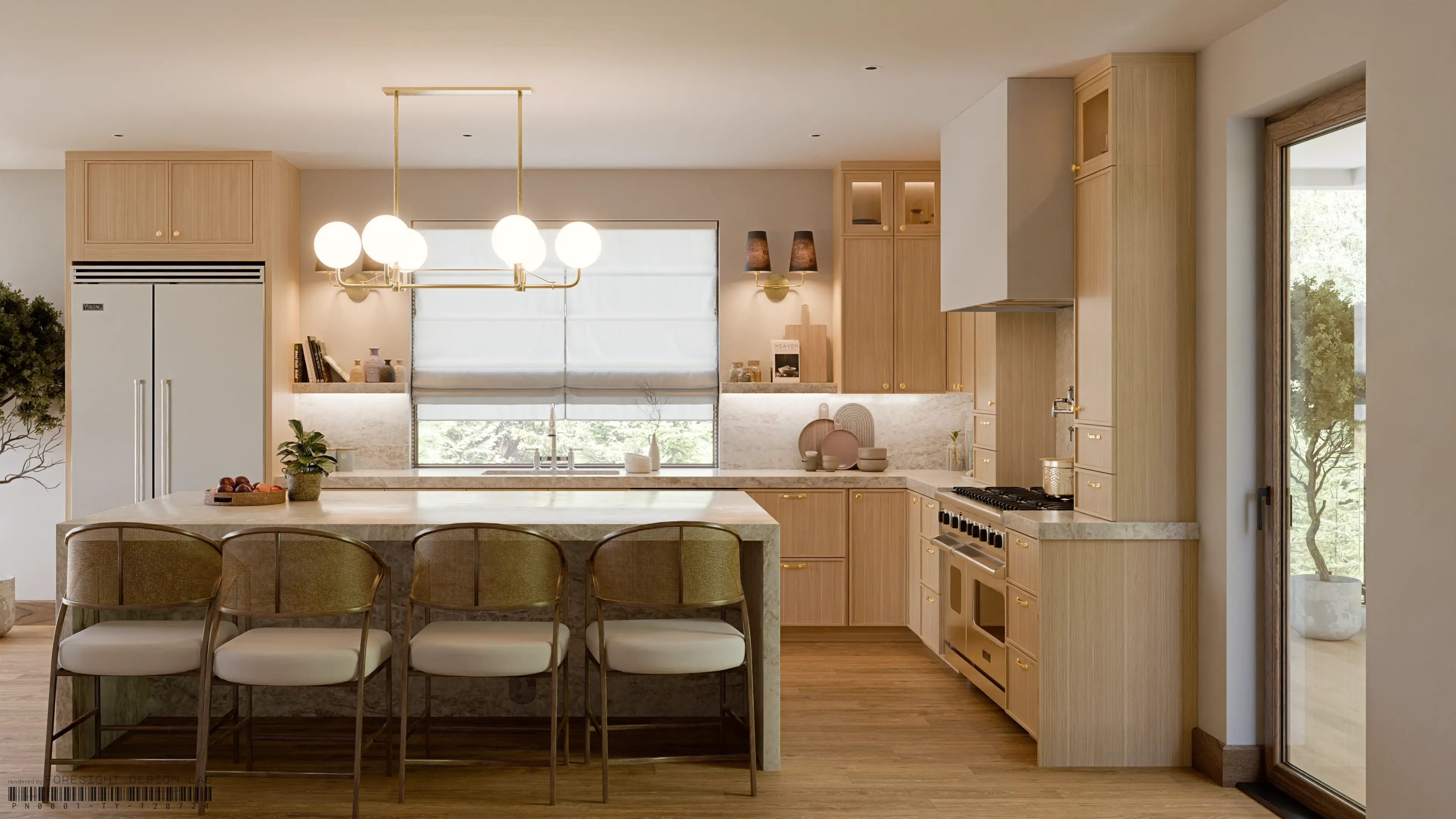 Kitchen island with woven bar seating — 3D rendering