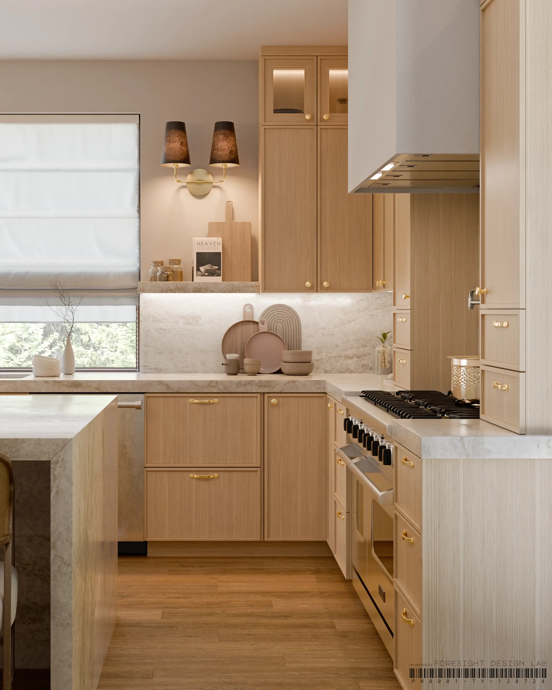 Open kitchen with marble backsplash and warm 2700K LED lighting — 3D rendering