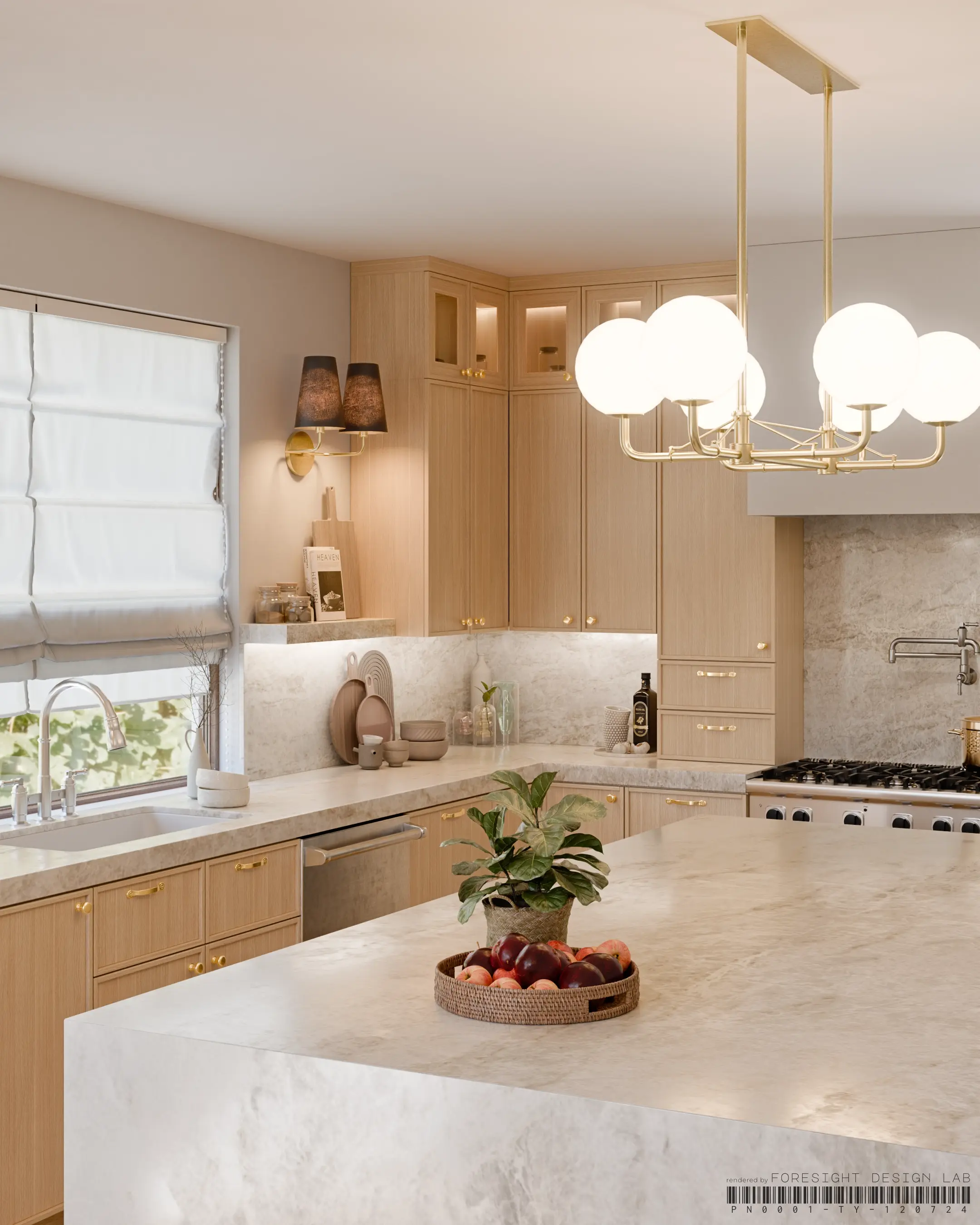 Open-plan kitchen after renovation — photorealistic 3D render with white oak cabinetry and marble waterfall island