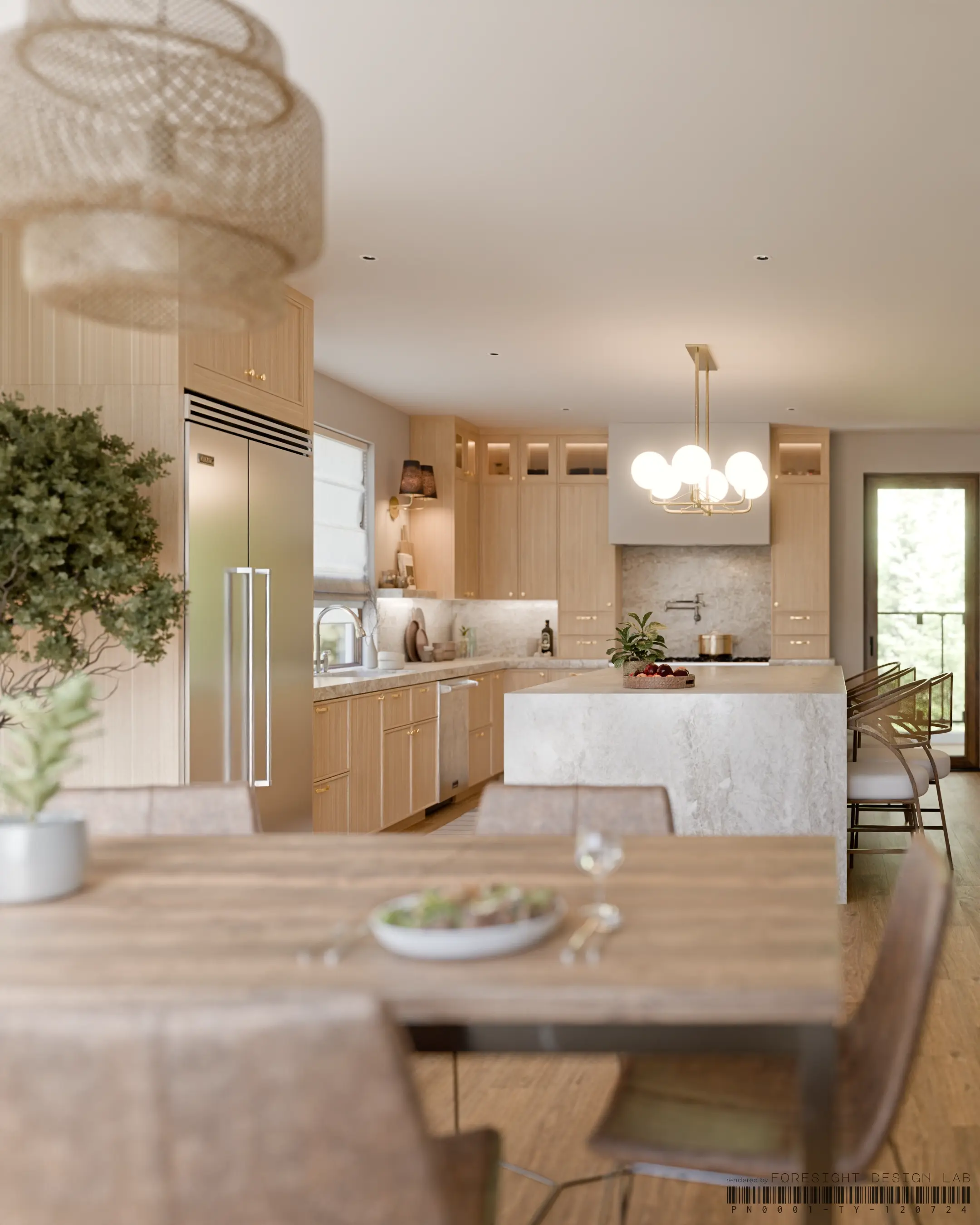 Wide-angle view of the open-plan kitchen renovation — 3D rendering