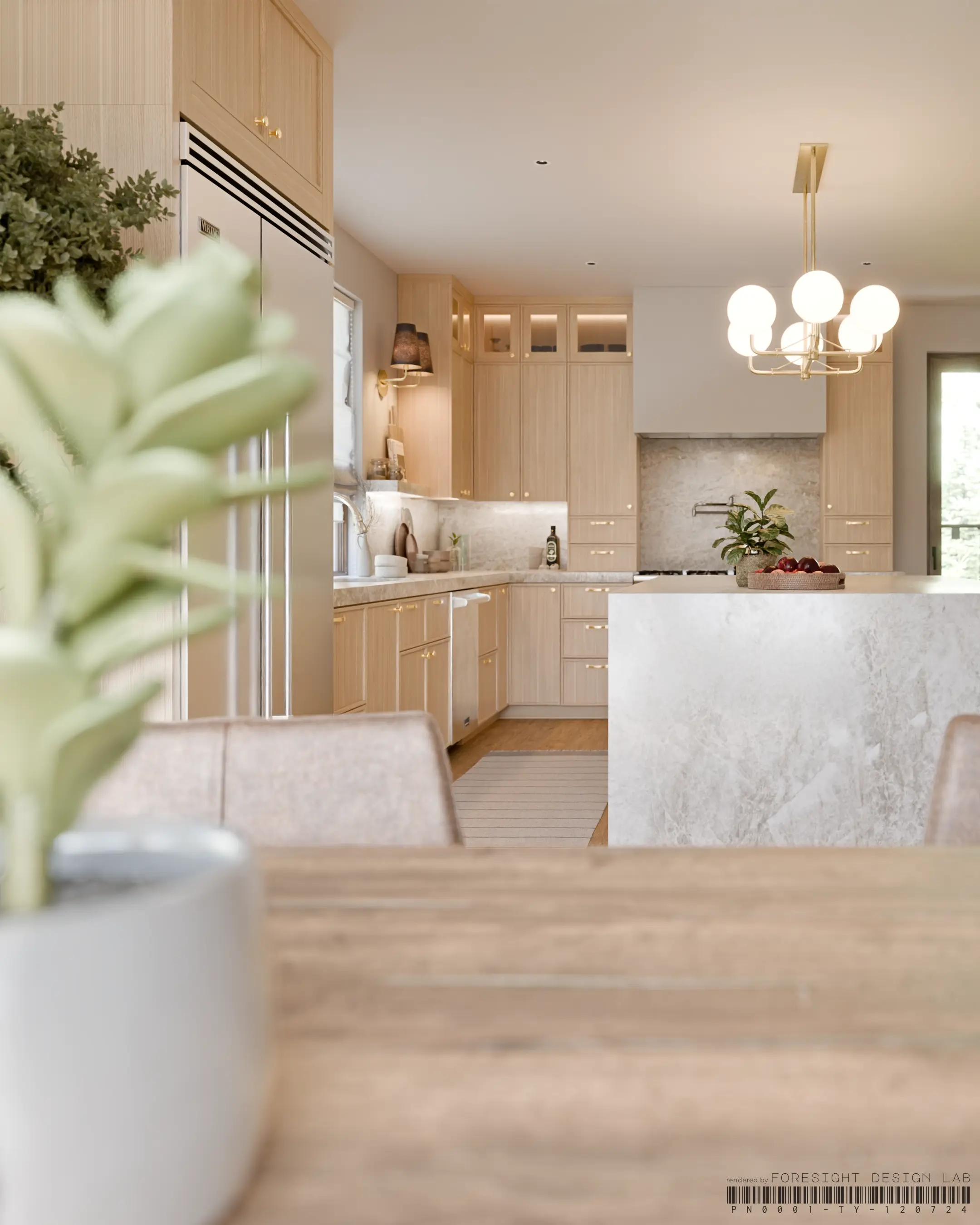 Open-plan kitchen and dining area — 3D rendering