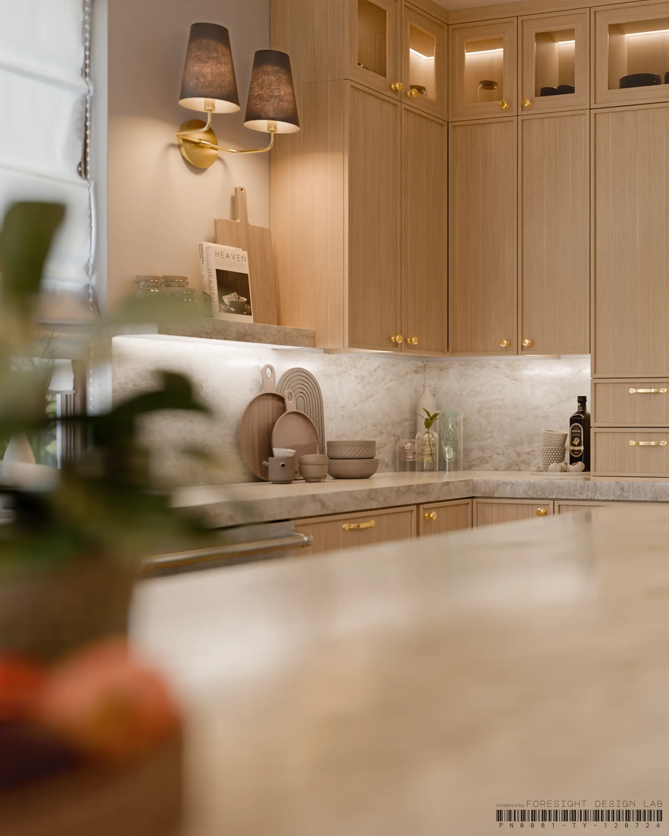 Vertical-grain white oak cabinetry in an open-plan kitchen — 3D rendering