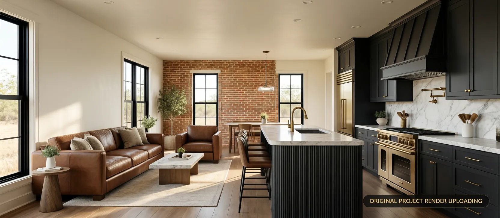 Open-plan living and kitchen with leather lounge, fluted island bar and Calacatta marble splash wall — 3D rendering