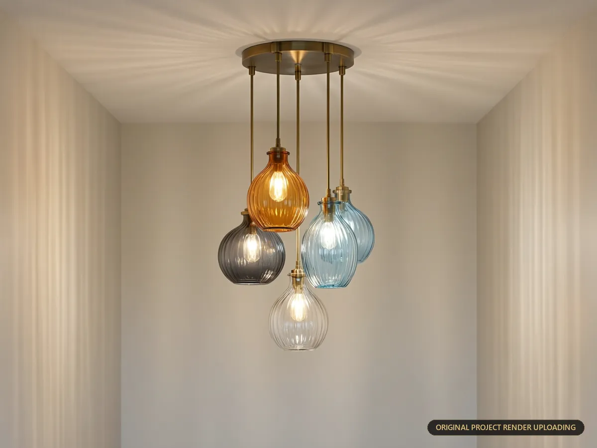 Soft reflections cast across foyer walls and ceiling by the glass pendant cluster — 3D rendering