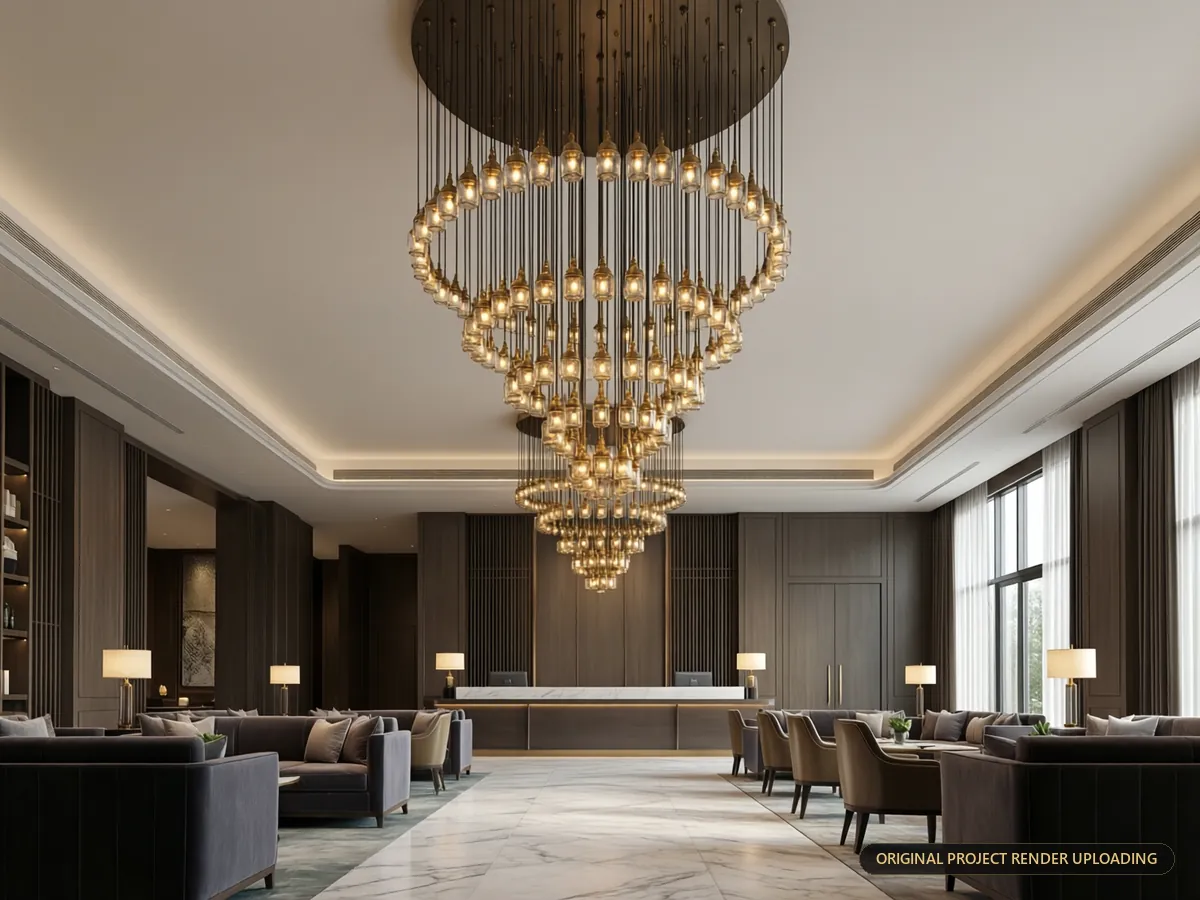 Low-angle view looking up into the pendant cluster, showing its volumetric scale — 3D rendering