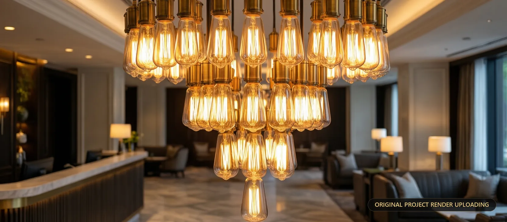 Close view of the tiered Lebron pendant assembly showing filament warmth and brass hardware — 3D rendering