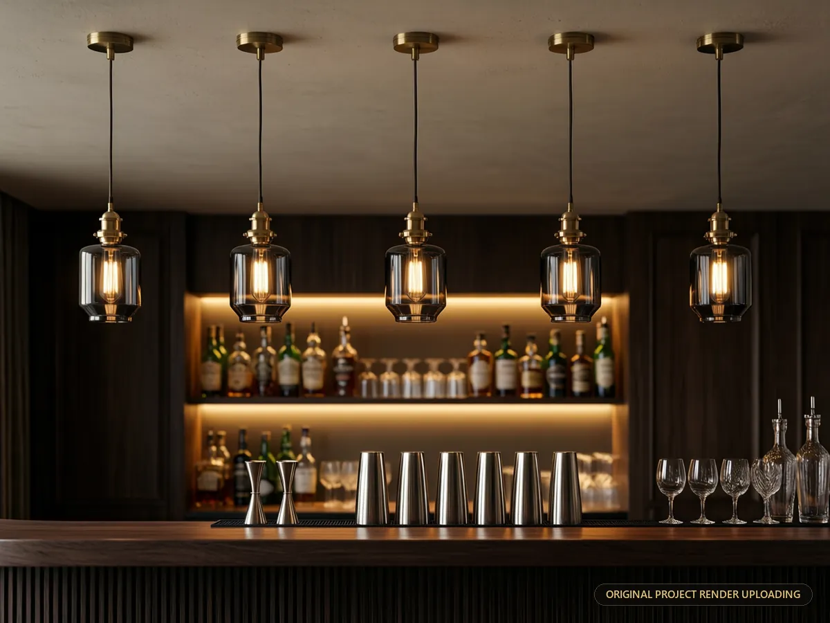 Pendant light throw across back-bar glassware and brushed metal — 3D rendering