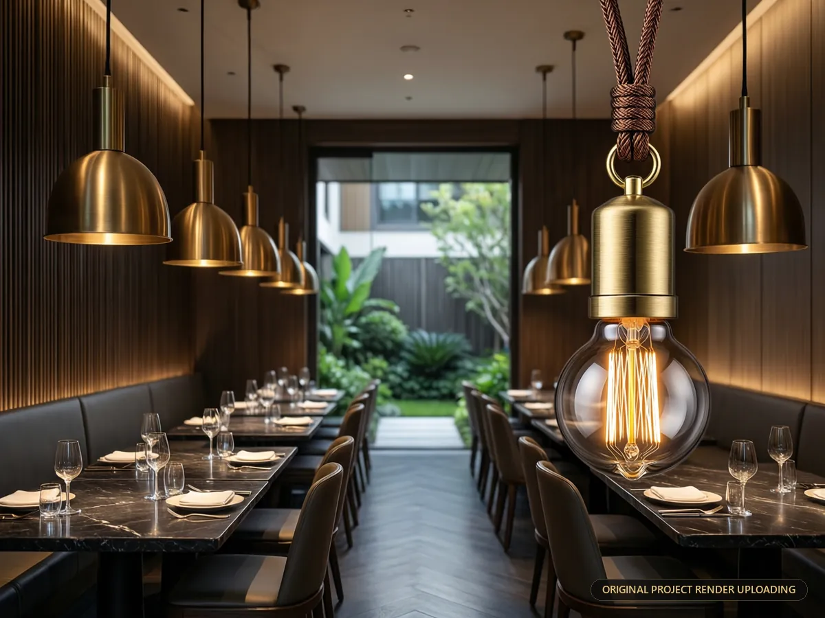 Macro detail of the pendant cord drop, brushed brass finish and filament illumination — 3D rendering