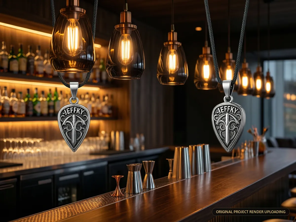 Close detail of the J-Effkay pendant showing material craftsmanship and joinery — 3D rendering