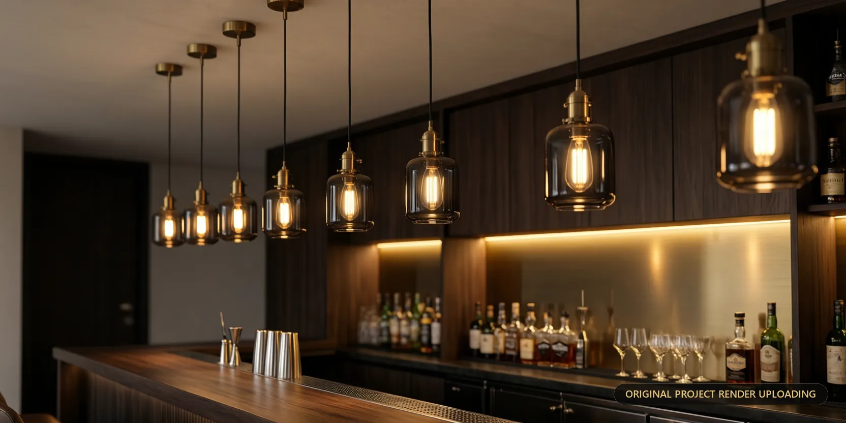 J-Effkay pendant lights over a cocktail bar counter — 3D render