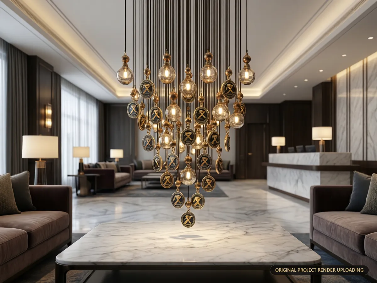 Small grouping of Lebron pendants suspended over a marble-topped coffee table — macro 3D rendering